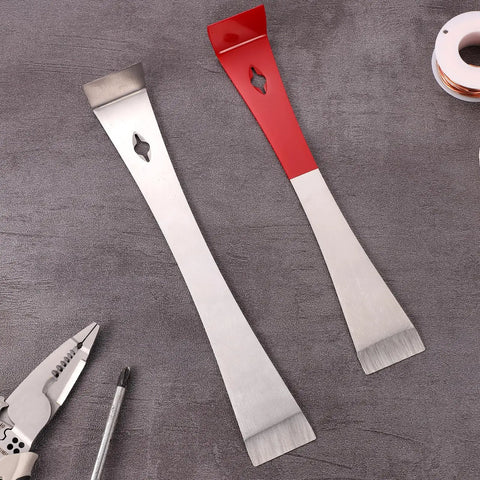 Two Pack Stainless Steel Pry Bars Set With Flat Mini Crowbar Narrow Trim Tool Scraper Edge Nail Puller And Angled Pry Edge For Scraping Pulling Lifting Beekeeping And Kitchen Remodel Projects, one bar with red handle and one with silver.