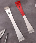 Two Pack Beefy Stainless Steel Pry Bars Set With Nail Puller And Angled Edges Flat Mini Crowbars on a gray surface