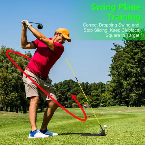 Man using a golf club on a grassy field with a swing plane training graphic, focusing on using the Golf Alignment Sticks Set For Aiming, Putting, And Full Swing Training, Game Changer For Posture And Shoulder Alignment With Feet And Hips, Durable Alignment Rods With Clear Tube Case, Essential Practice Aid To Lower Your Score.