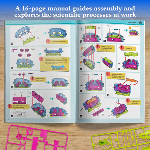 Assembly instructions for GeckoBot 2.0 Wall Climbing Robot Kit With Suction Cup Feet, Guided Assembly, And STEM Hands On Build For Kids 8 And Up.