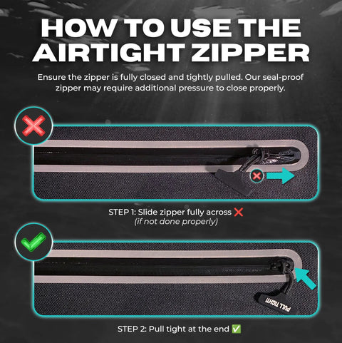 Steps for using airtight zipper on Underwater Waterproof Fanny Pack For Phones And Gear, Tight Seal TPU Dry Bag Waist Pack.
