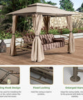 3 Person Outdoor Patio Porch Swing Gazebo With Netting And Curtains, double top canopy, sturdy steel frame on wooden deck