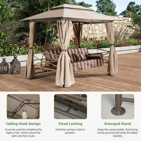 3 Person Outdoor Patio Porch Swing Gazebo With Netting And Curtains, double top canopy, sturdy steel frame on wooden deck