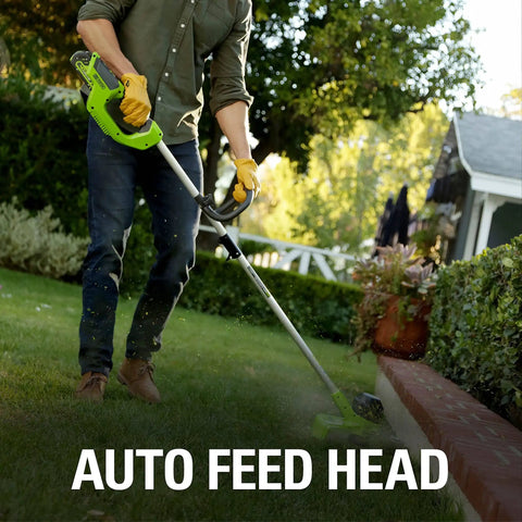 Man using 40V Cordless String Trimmer With 12 Inch Cutting Path And Auto Feed Head Lightweight Weed Eater For Your Lawn And Yard A Real Workhorse