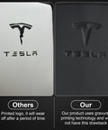 Comparison of printed and engraved logos on Center Console Armrest Cover For Tesla Model 3 And Model Y 2017 To 2025 Premium PU Leather.