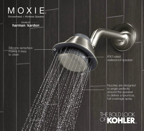 Moxie Showerhead With Waterproof Bluetooth Speaker 1.75 GPM Brushed Nickel Dope Harman Kardon Quality Audio In Shower While You Stream Your Jams Hands Free