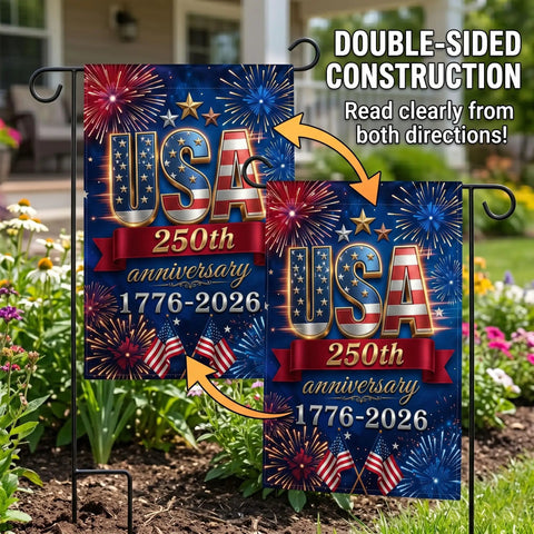 All American 250th Anniversary Flag For Outdoors Double Sided Yard Decor 12x18 Inch Garden Flag With UV Protection and Fade Resistant Colors 1776 To 2026 Patriotic Blue displayed in garden