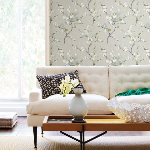 Living room with Gray Floral Peel And Stick Wallpaper Removable For Walls, Self Adhesive Home Decor, 20.5 In By 18 Ft, Eastern pattern