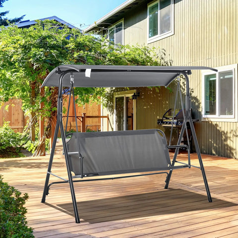 Three Person Outdoor Porch Swing With Stand And Tilt Canopy on wooden deck, steel frame, bench style seat, gray finish.