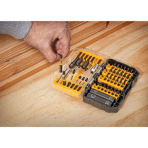 DeWalt 40-piece Flextorq steel screwdriver bit set in yellow/gray case, front view