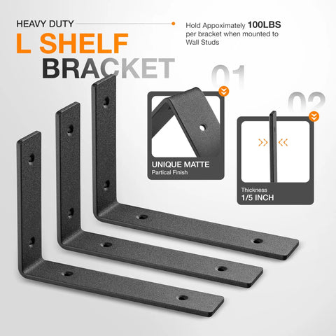 Heavy Duty 8 Inch L Shelf Brackets Pack Of 6 Black for Floating Shelves with unique matte finish and 1/5 inch thickness