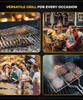 Collage showing Fish And Veggie Grill Basket Set With Foldable Wooden Handle in use at outdoor gatherings
