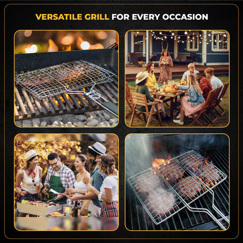 Collage showing Fish And Veggie Grill Basket Set With Foldable Wooden Handle in use at outdoor gatherings