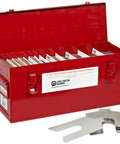 Mini Slotted Shim Set Size C 4x4 Inch 130 Pc Pack With 10 Each Thickness 0.001 To 0.125 Inches 300 Series Stainless Steel in red box