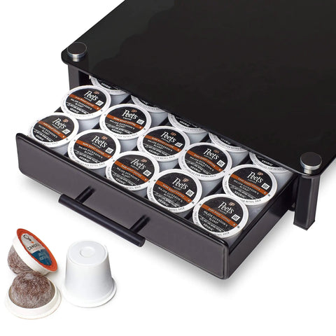Premium Glass Coffee Stand With Pod Drawer For Keurig Coffeemakers Keeps Pods Handy On The Counter with K-cups visible in drawer