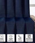 Navy Blue Curtain Set With Light Filtering Faux Linen Texture Two Panels 52W By 90L Rod Pocket Drapes in close-up view