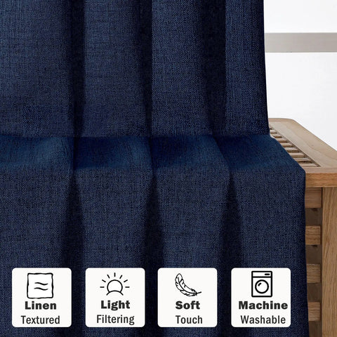 Navy Blue Curtain Set With Light Filtering Faux Linen Texture Two Panels 52W By 90L Rod Pocket Drapes in close-up view