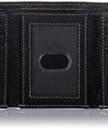 Open Genuine Leather RFID Blocking Trifold Wallet with six card slots, clear ID window, and double bill fold in black leather