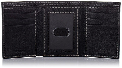 Open Genuine Leather RFID Blocking Trifold Wallet with six card slots, clear ID window, and double bill fold in black leather