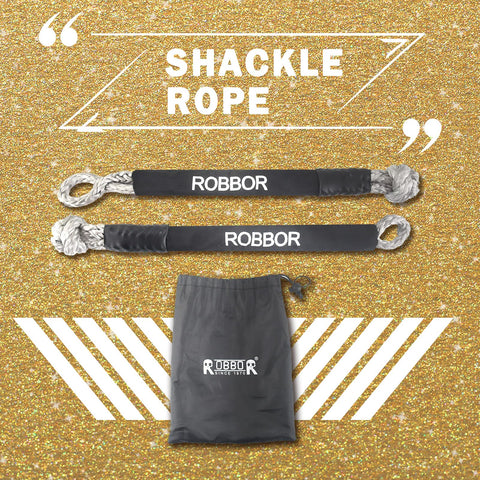 Soft Shackle 0.5 Inch by 22 Inch With 56,000 Lbs Break Strength, displayed on glittery background with protective sleeve and bag