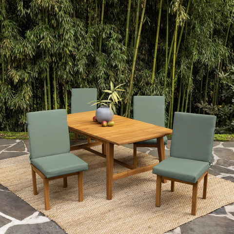 EarthFiber 4 Pack Outdoor Patio Dining Chair Cushions 20x44 Rain Proof Seat Pads, sage green, on wooden chairs, garden setting.