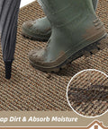 Tough As Nails Dirt Trapper Door Mat For Entryway Non Slip Washable Rug Made From Thick Polypropylene Yarn, showcasing muddy boots on the mat.