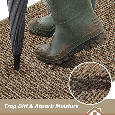Tough As Nails Dirt Trapper Door Mat For Entryway Non Slip Washable Rug Made From Thick Polypropylene Yarn, showcasing muddy boots on the mat.
