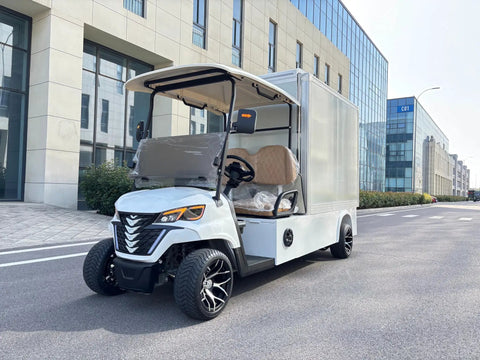 Cruise Around In Style With This Nimble 2 Seater Electric Golf Cart Rolling A Spacious Cargo Bed For Yard Work And Neighborhood Cruises Packed With A Smooth Brushless Motor, parked on a street.