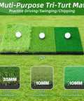 Multi-purpose tri-turf mat for golf practice driving with 35mm rough, 10mm nylon, and 10mm fairway turf. Size 2ft x 1ft.