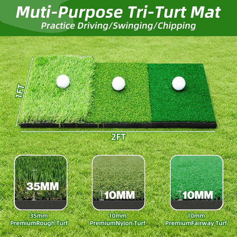 Multi-purpose tri-turf mat for golf practice driving with 35mm rough, 10mm nylon, and 10mm fairway turf. Size 2ft x 1ft.