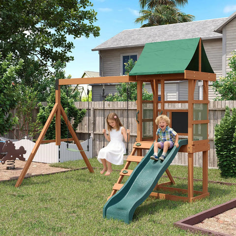 Children enjoying the Tough As Nails Wood Backyard Swing Set with wave slide, rock wall, belt swings, play deck, and canopy roof.