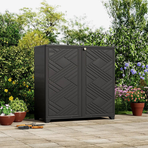 All Weather Indoor And Outdoor Storage Cabinet Waterproof Plastic Box Black 34 Inch By 15 Inch By 34 Inch With Two Shelves For Garden Balcony And Bathroom DIY Ready Easy Open Durable set in a garden environment