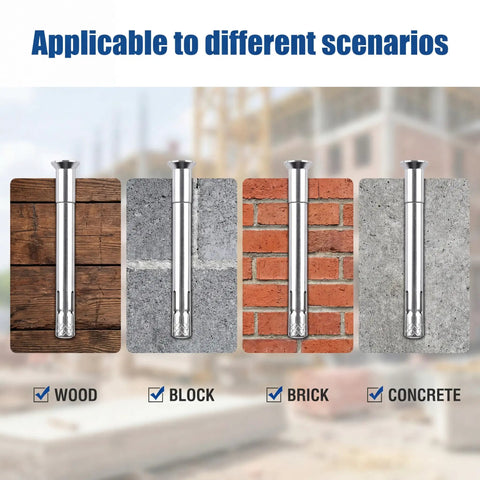 50 Pack Heavy Duty 3/8 X 4 Inch Flat Head Sleeve Anchors For Flush Mounting Sliding Tracks Sills And Frames In Concrete With Smooth Finish on wood, block, brick, and concrete.