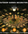 Solar Outdoor Path Lights 6 Pack With Lit Color Changing And Static Warm Glow Modes illuminating garden path at night