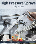 Wall Mount Kitchen Faucet With 360 Degree Rotating Spout Folding Design 17 Inch Reach Side Sprayer And 2 Handle Pot Filler