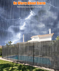 Mesh Pool Safety Fence For Inground And Above Ground Pools 4 Ft By 12 Ft With Stainless Steel Feet Weatherproof Outdoor Garden Fence Keeps Kids Safe And Pets Out Black installed around pool in rain.