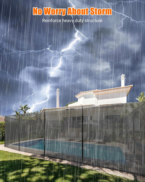 Mesh Pool Safety Fence For Inground And Above Ground Pools 4 Ft By 12 Ft With Stainless Steel Feet Weatherproof Outdoor Garden Fence Keeps Kids Safe And Pets Out Black installed around pool in rain.