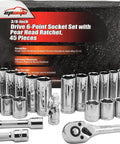 45 Piece Three Eighth Inch Drive Socket Set With 72-Tooth Pear Head Ratchet, Hardened Cr-V Steel, chrome plated and mirror polished