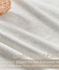 Close-up of linen blend fabric with visible linen flecks and crosshatch patterns, crafted from 350gsm flax linen and polyester.