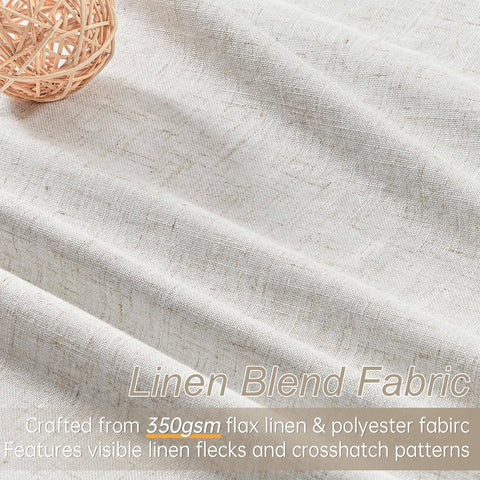 Close-up of linen blend fabric with visible linen flecks and crosshatch patterns, crafted from 350gsm flax linen and polyester.