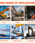 Images of crane, forklift, truck forklift, boat mooring, machine tools, and excavator illustrating applications of grease fittings kit.
