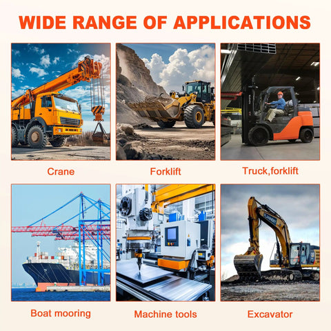 Images of crane, forklift, truck forklift, boat mooring, machine tools, and excavator illustrating applications of grease fittings kit.