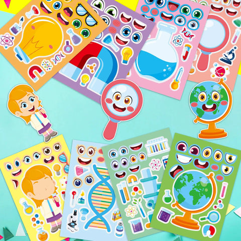 24 Pack Science Theme Make Your Own Face Stickers For DIY Crafts And Nerdy Science Party Games with mix and match designs