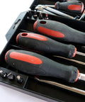Tool Sorter Screwdriver Organizer Tray for Quick Access and Easy Grab Keep Your Screwdrivers Sorted and See Every Driver at a Glance Black Durable Plastic with red-handled screwdrivers inserted