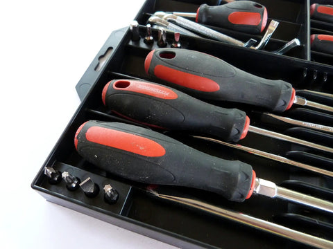 Tool Sorter Screwdriver Organizer Tray for Quick Access and Easy Grab Keep Your Screwdrivers Sorted and See Every Driver at a Glance Black Durable Plastic with red-handled screwdrivers inserted