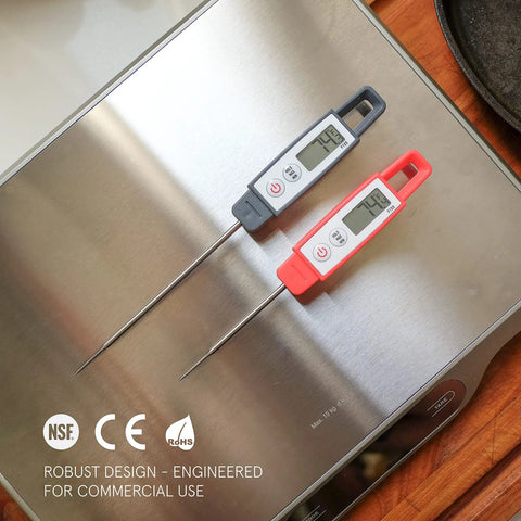Ultra Quick Digital Kitchen Thermometer For Cooking And Grilling With A 4.5 Inch Compact Probe Splash Resistant Ideal For Meat Candy Candles Liquids Oil With Hold Function And CF Toggle Sesame Color Finish shown on a metal surface