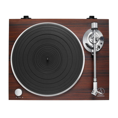 Audio-Technica At-Lpw50bt-Rw Manual Belt-Drive Turntable In Slick Rosewood with black platter and tonearm, top view