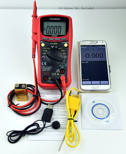 Red TP9605BT Auto Ranging Digital True RMS Smart Multimeter with cables, USB, and accessories next to smartphone display