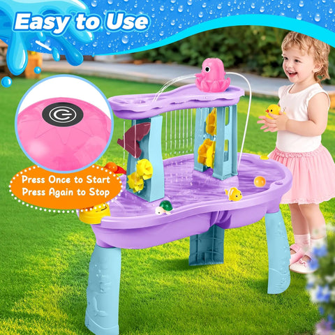 Child playing with Rechargeable Cordless Octopus Water Table Pump Battery Powered Continuous Flow for Kid Friendly Water Tables pink pump