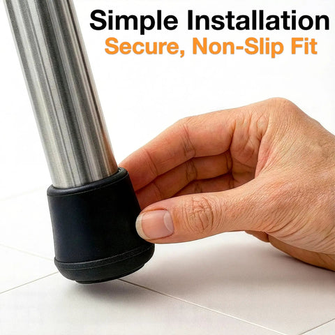 Kick The Squeaks 1.5 Inch Round Rubber Chair Leg Caps To Shield Hardwood Floors From Dents While Giving Your Furniture Grippy Traction And A Smooth Glide For Home Offices Dining Tables And Bar Stools Set Of Two Black installed on a chair leg.